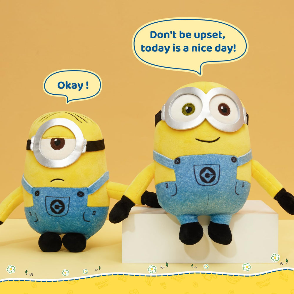 MINISO Stuart Minions cuddle toy on a bedroom scene for cozy routines.