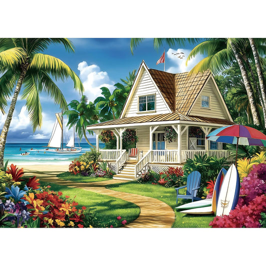 MINIWAN Beach House Paradise puzzle box cover showing tropical coastline for calming evenings