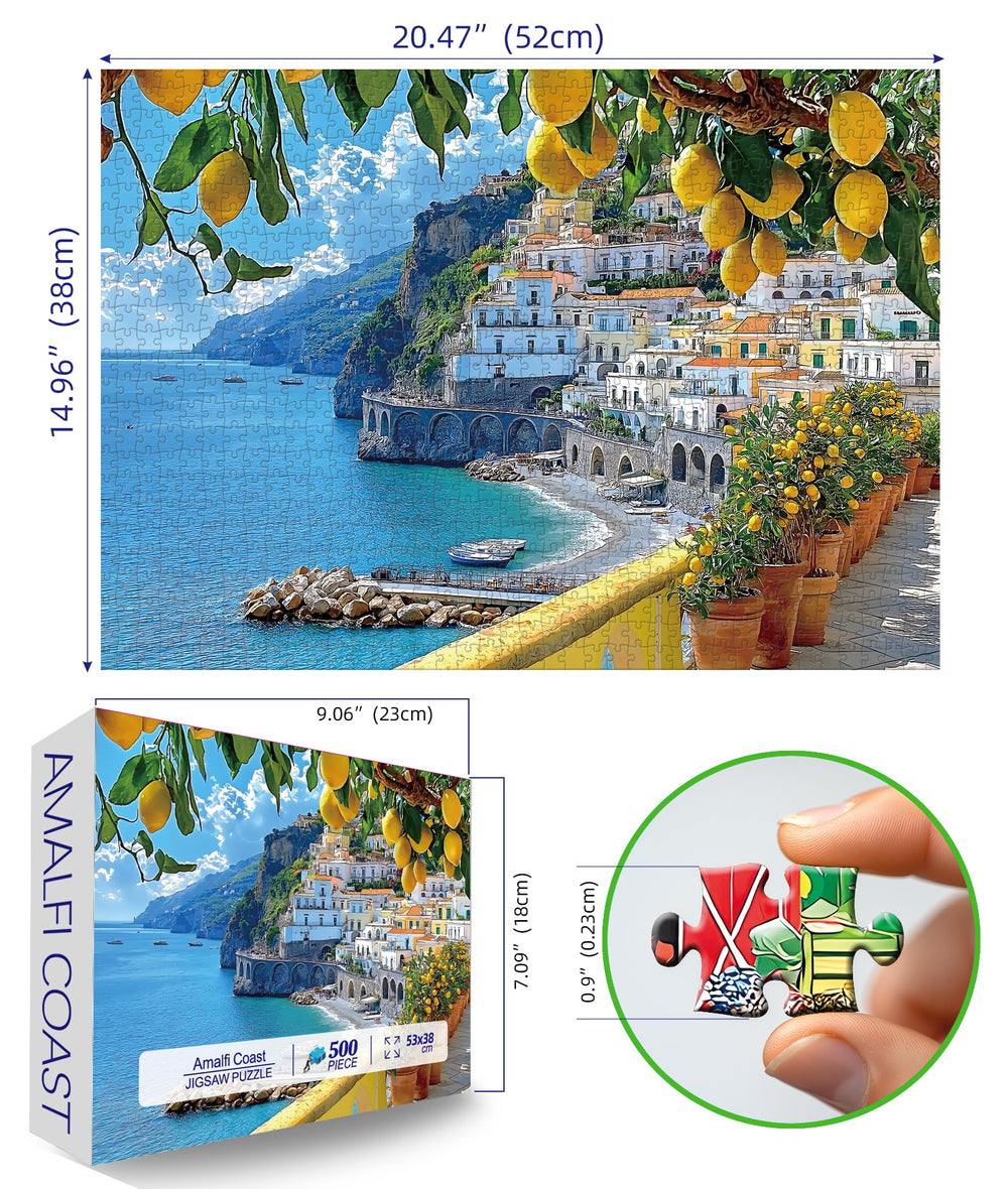 MINIWAN Amalfi Coast puzzle pieces laid out invite focus and mindful problem-solving.