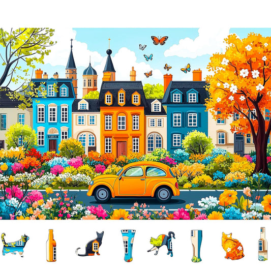 MINIWAN Colorful City Street puzzle with townhouses and butterflies for relaxing evenings.