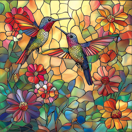 MINIWAN Hummingbird Flower puzzle close-up of stained-glass-inspired blooms for calm, immersive puzzling.