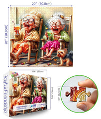 MINIWAN Laughing friends in rocking chairs on the porch as seen in the puzzle.