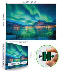 MINIWAN Northern Lights puzzle assembled preview with snowy peaks and aurora.