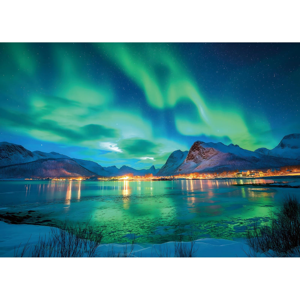 MINIWAN Northern Lights puzzle front cover shows aurora glow for family night.