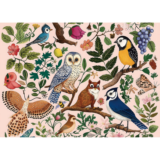 MINIWAN Forest Birds 500-piece puzzle with owls and blossoms for mindful evenings.