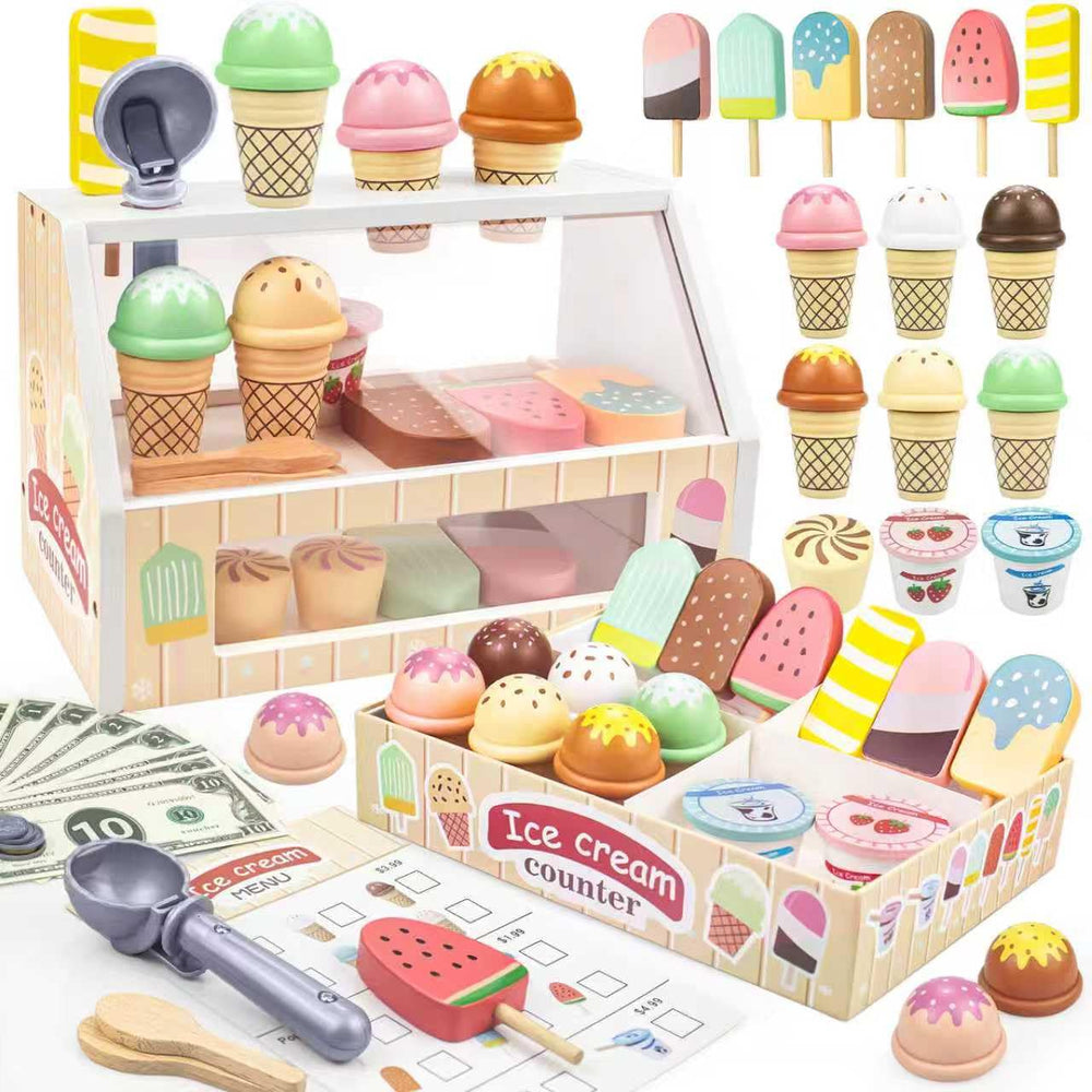 Minnot wooden ice cream counter invites kids to run a pretend shop and serve smiles