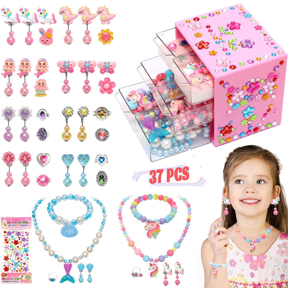 Mioram princess jewelry set displayed in pink organizer for pretend play fun.