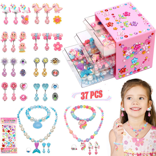 Mioram princess jewelry set displayed in pink organizer for pretend play fun.