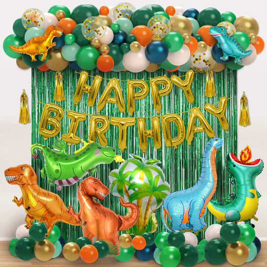 Miucat dinosaur party kit 113pcs, ideal for a coordinated jungle backdrop.