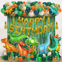 Miucat dinosaur party kit 113pcs, ideal for a coordinated jungle backdrop.