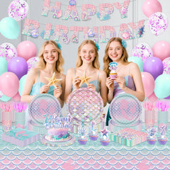 Miucat mermaid party setup shows a cohesive ocean-themed decor plan