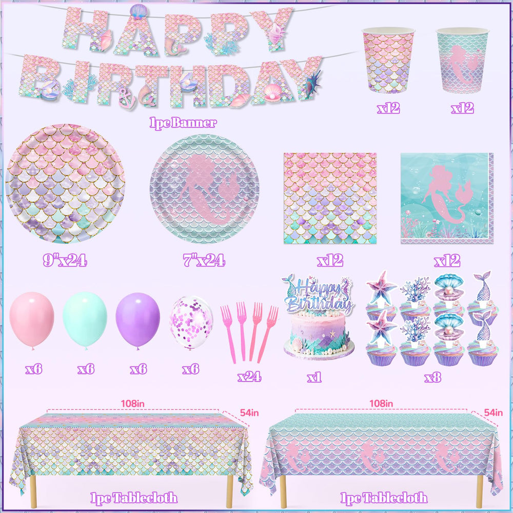 Miucat mermaid tablecloths create an ocean backdrop for the party