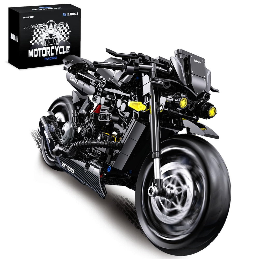 MJDDJA 1:8 motorcycle model on display stand, perfect for desk or shelf display.