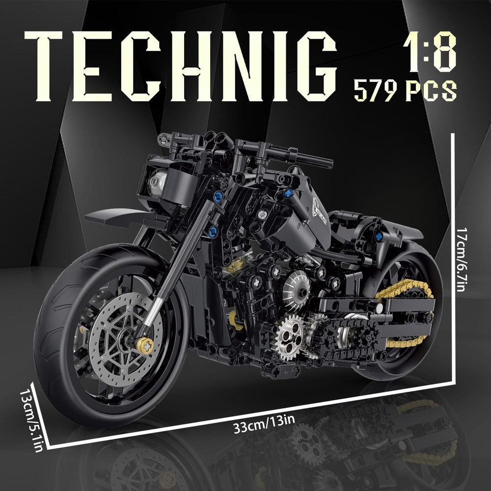 Dimensions display the compact but impressive 1:8 motorcycle model.
