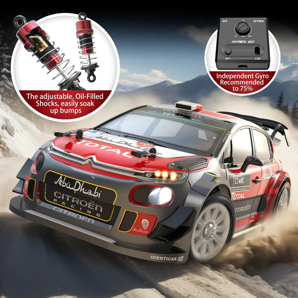 MJX Hyper GO 14303 Citroen C3 chassis close-up shows rugged aluminum build.