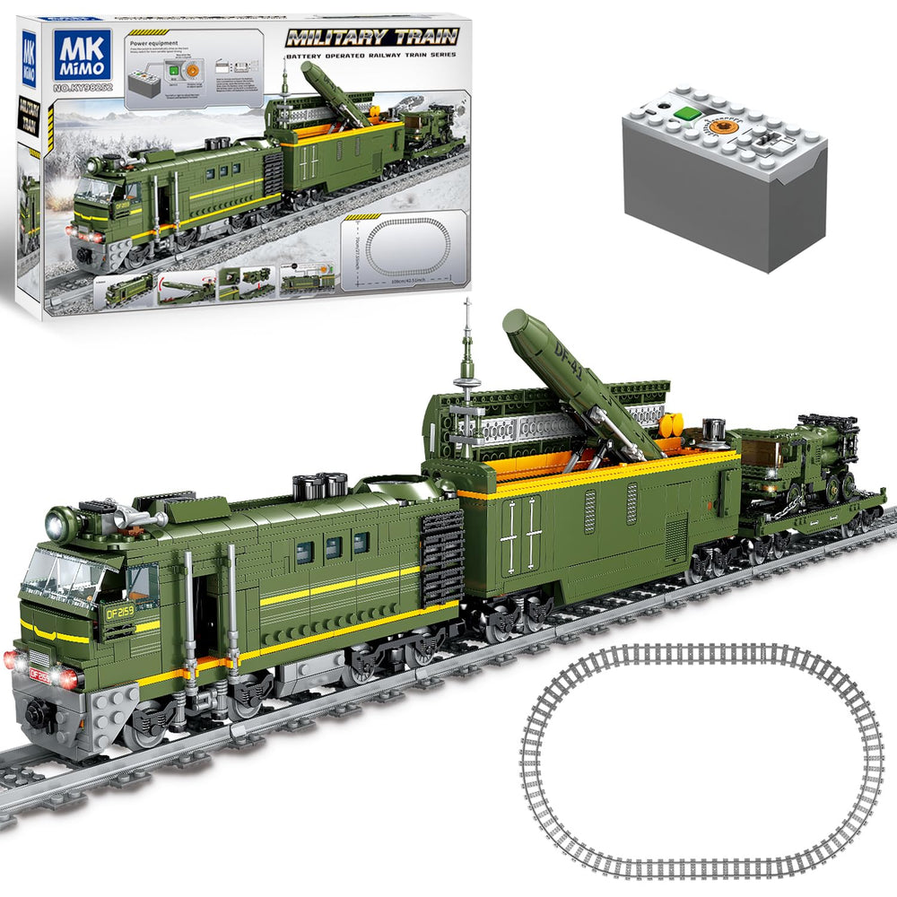 Mkmimo Military Train Building Set LED lights illuminate the model for nighttime display.