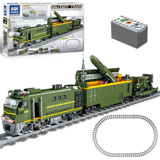 Mkmimo Military Train Building Set LED lights illuminate the model for nighttime display.