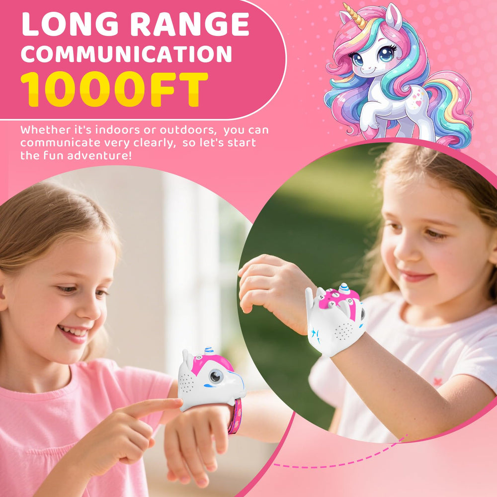 MLDKA unicorn walkie talkie with up to 1500 ft outdoor range.