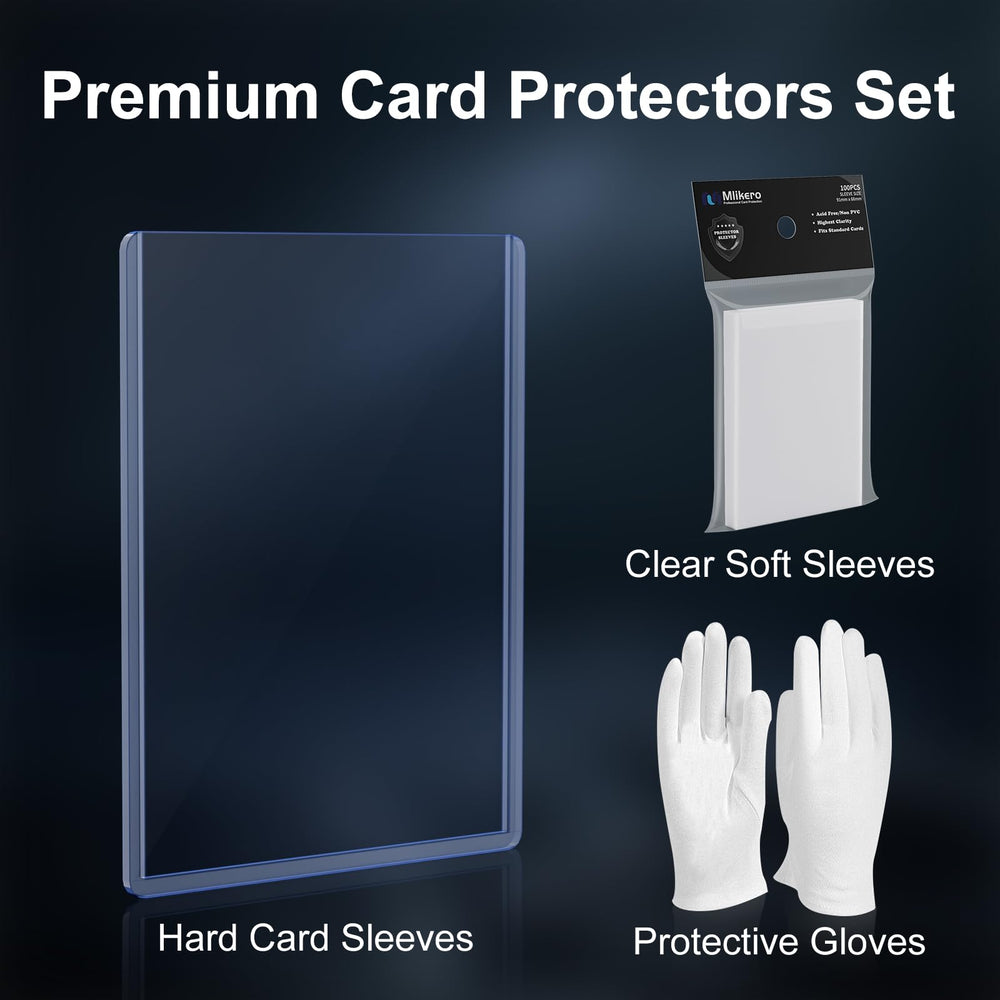 Mlikero cards in clear sleeves with edge protection and presentation