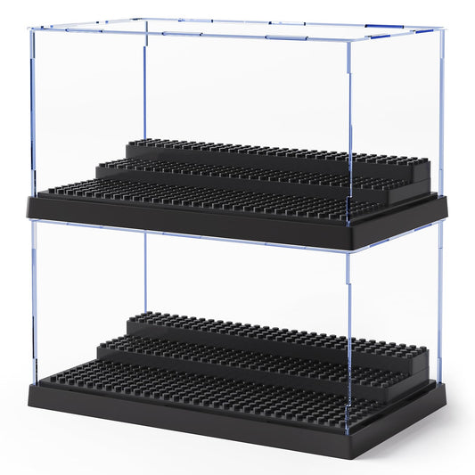 MLikero minifig display case in black with 3-step design for organized collections.