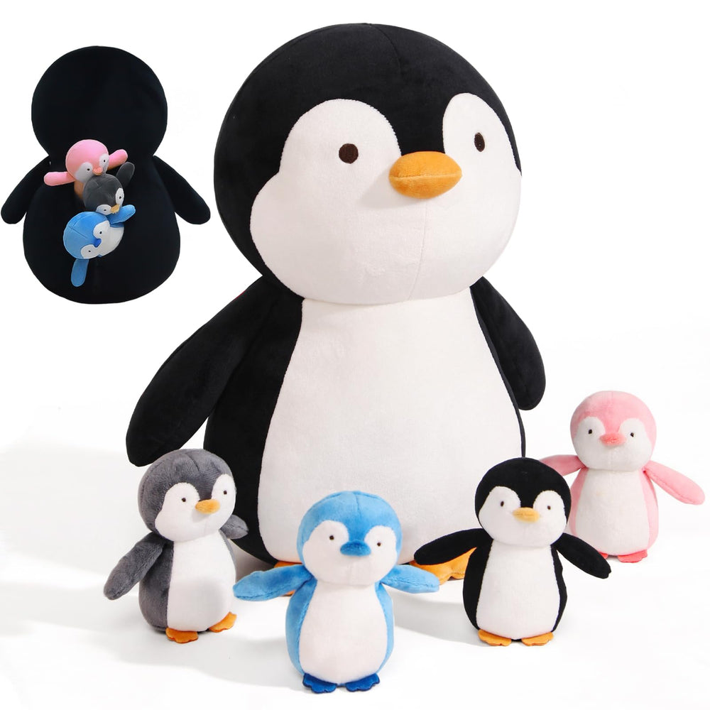 MMguai mommy penguin plush with open tummy revealing four babies for cozy cuddles