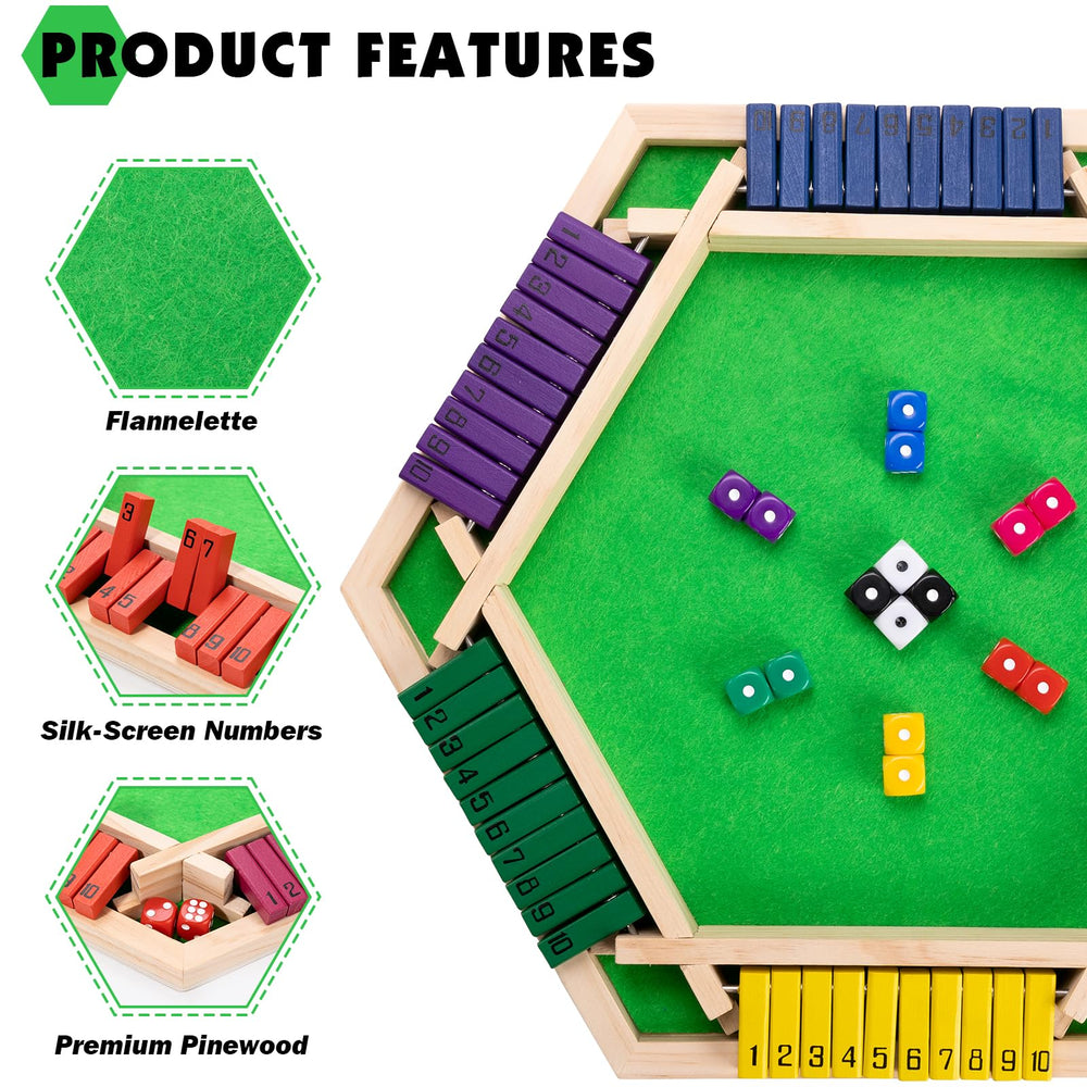 MNYUN Shut The Box setup showing six-player tabletop session