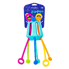 MÖBI Zippee textured cords side view for tactile play and motor skill practice.