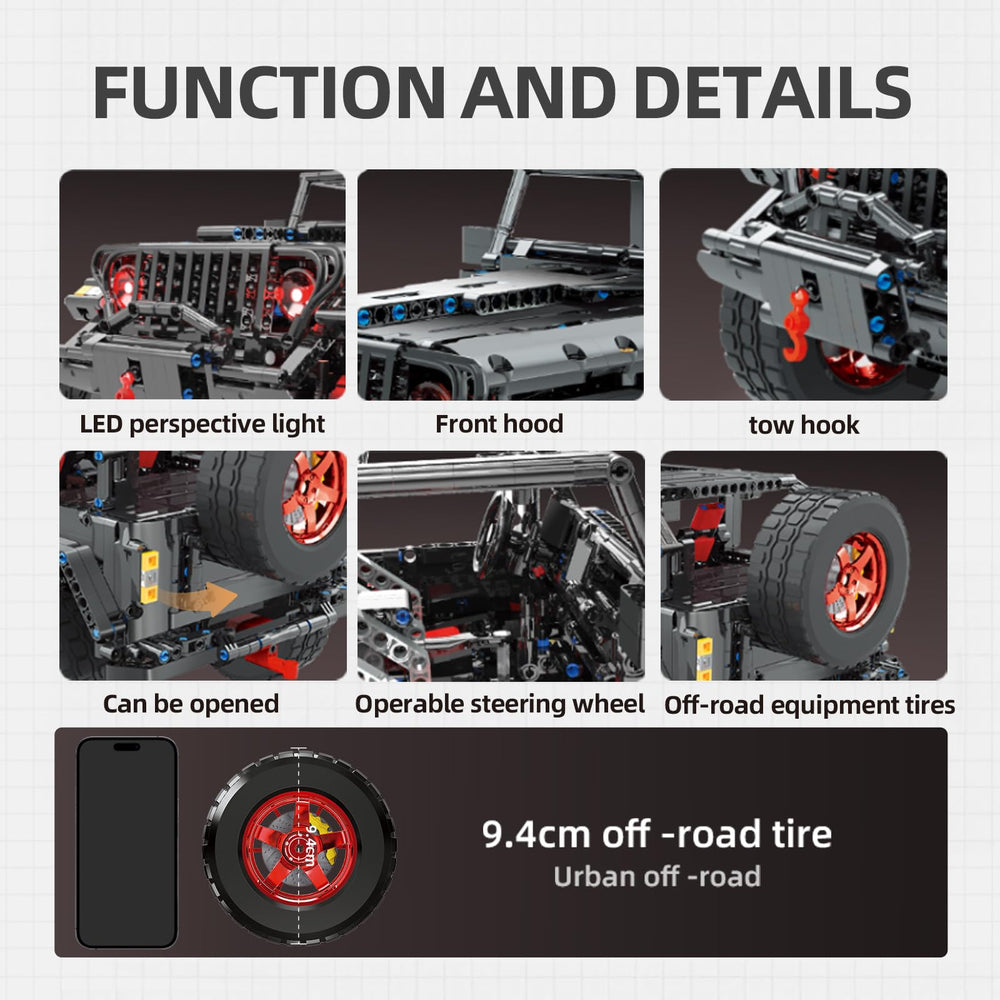 MOCBROPCS RC Off-Road SUV Wrangler rechargeable battery supports extended sessions.