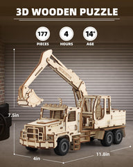 MOCBURIKU Excavator puzzle close-up shows laser-cut wooden parts for smooth building.