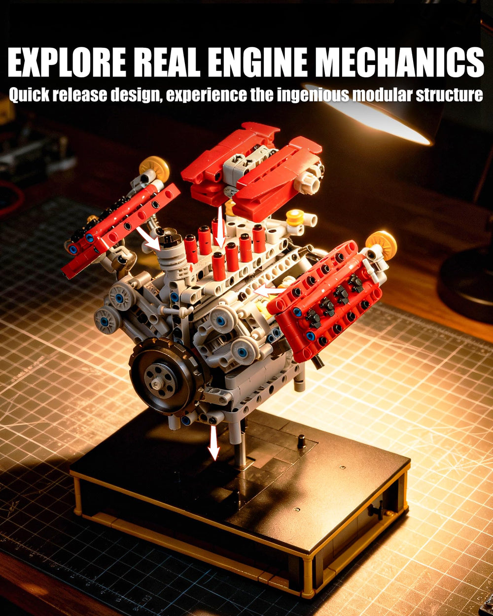 MOCBURIKU Mini V8 engine display stand highlighting a striking showcase.