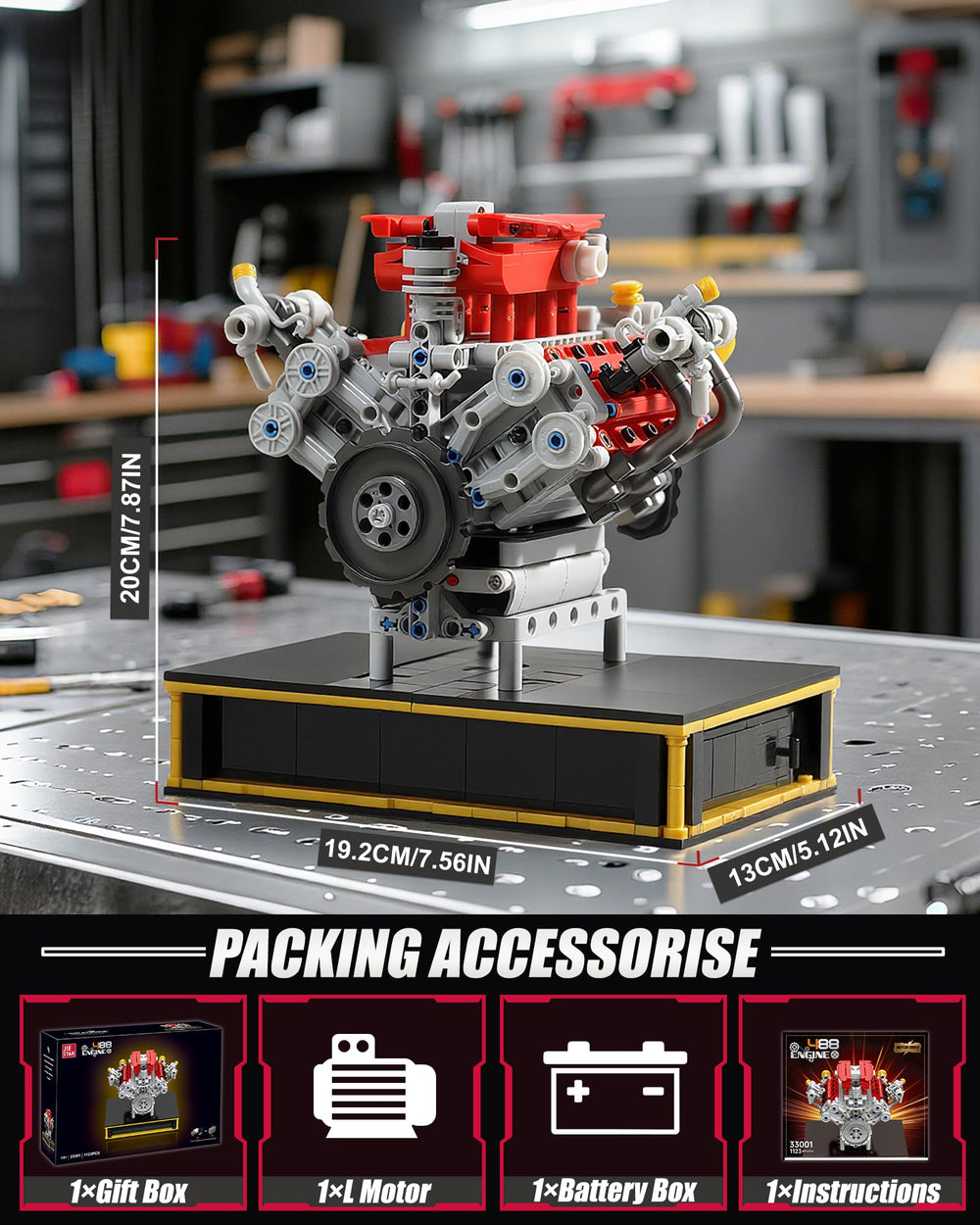 MOCBURIKU Mini V8 engine parts close-up for accurate assembly and curiosity.