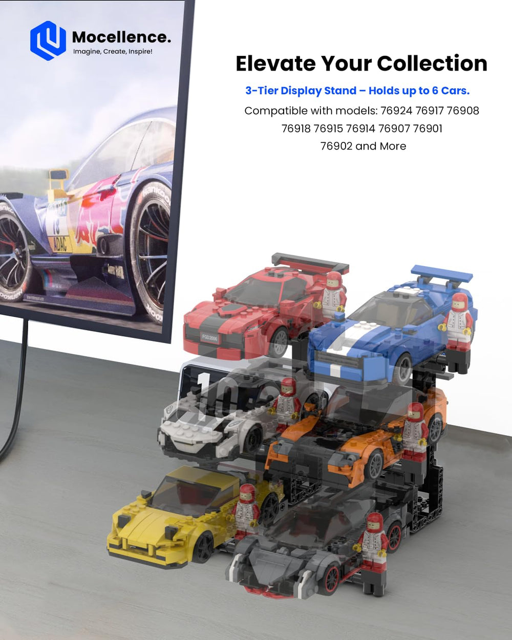 Mocellence stand shown with compatibility for 76917, 76908, 76918 sets