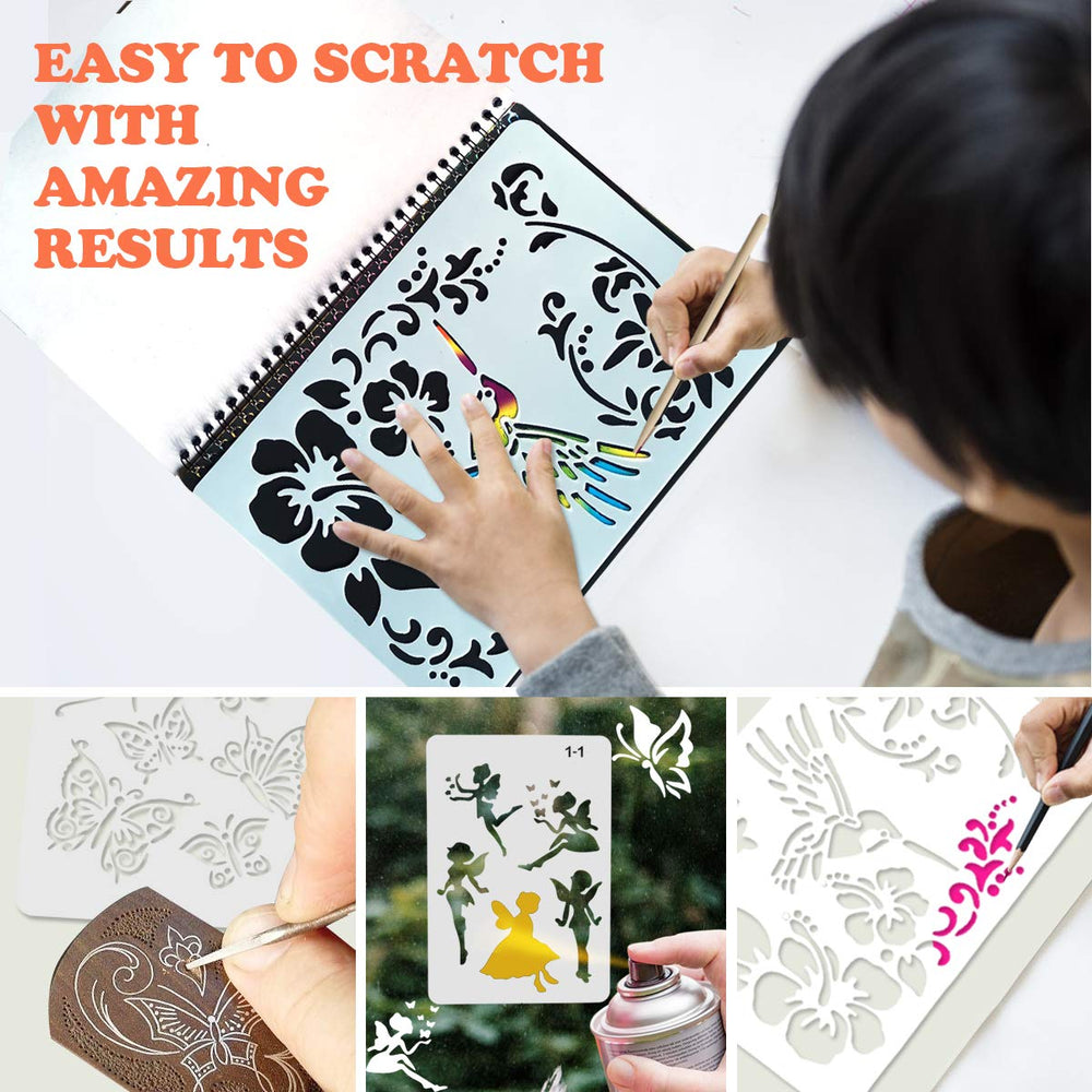 Mocoosy multicolor scratch art reveals vivid backgrounds after scratching.