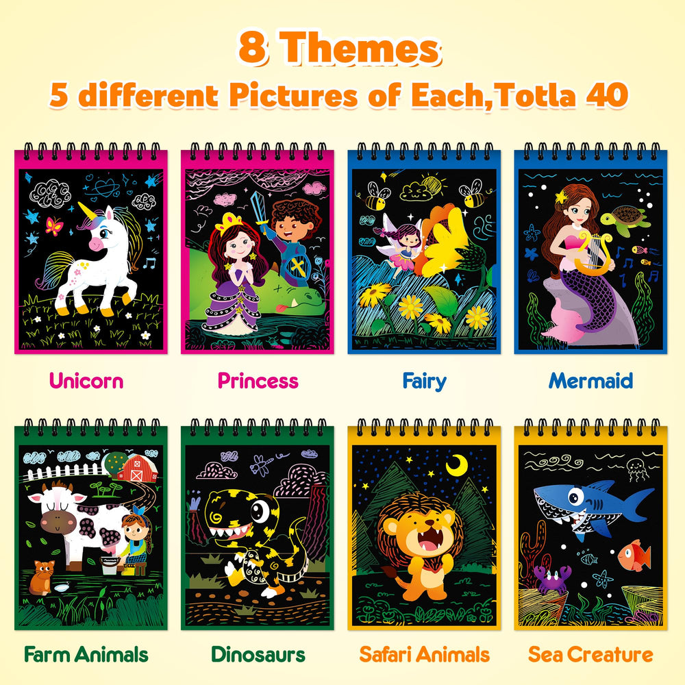 Mocoosy scratch art notebook close-up pages showing colorful reveals.