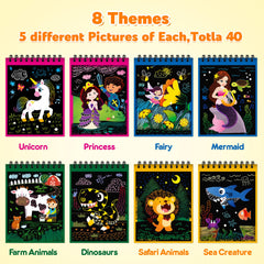 Mocoosy scratch art notebook close-up pages showing colorful reveals.