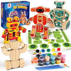 Mocoosy wooden robot blocks for imaginative building and color painting.