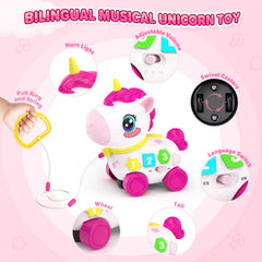 MOISTAR pull-string unicorn toy engages toddlers for crawling and walking.