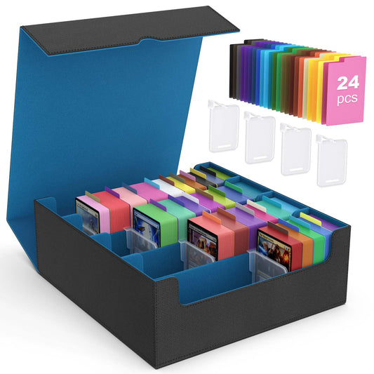 MoKo cyan trading card storage box with cover, highlighting high capacity and protective shell.