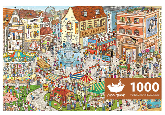 MOMIBOOK puzzles cover image showing a cozy weekend in a small town for family activity