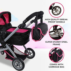Mommy & Me Babyboo doll pram swiveling wheels for smooth maneuverability.