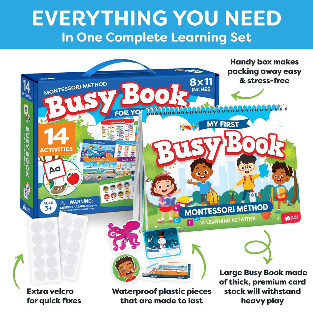 Momo & Nashi Busy Book colors and shapes fosters recognition through tactile tracing.