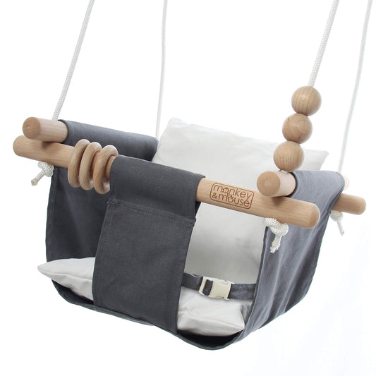 Monkey & Mouse baby swing grey-white seat for calm, supported seating.