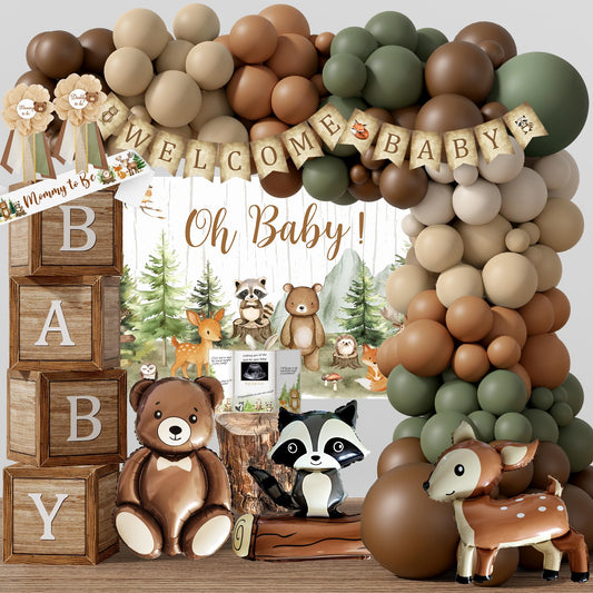 Monnberry woodland baby shower backdrop sets a neutral forest scene for photos