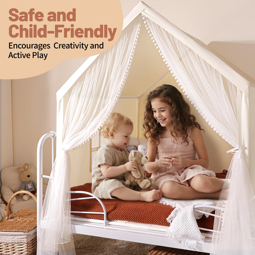 Monobeach beige play tent interior space ready for cozy reading.
