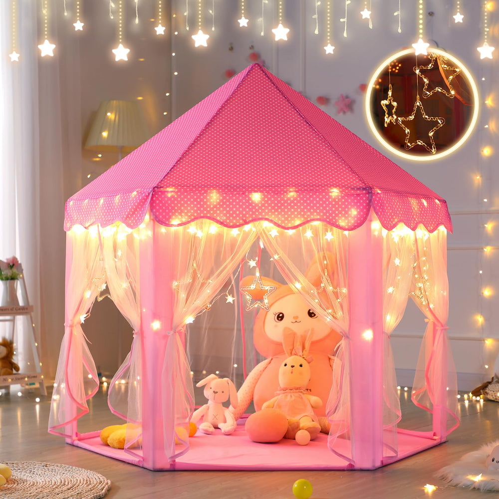 Monobeach Princess Castle Play Tent star lights on for magical ambiance.