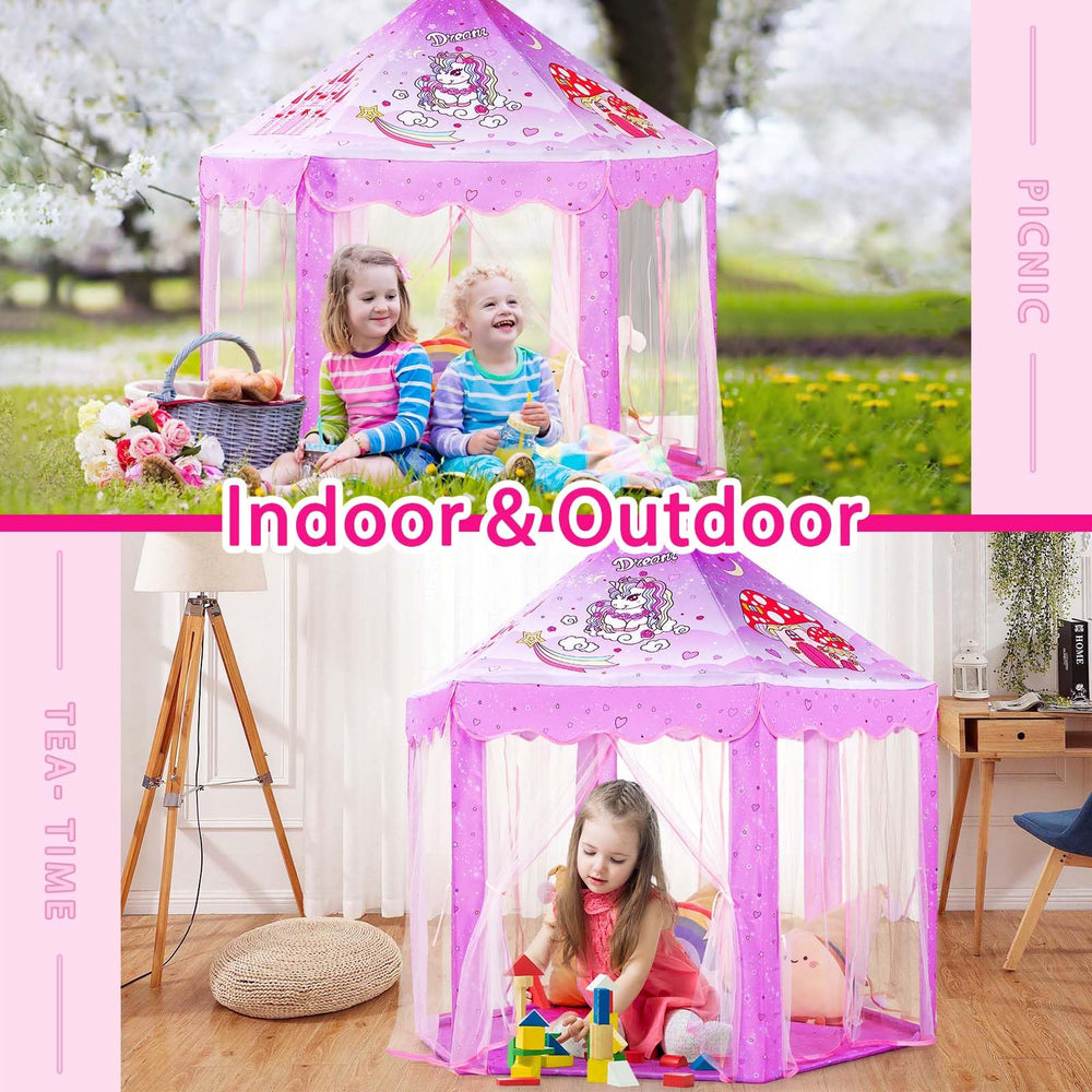 Monobeach Princess Tent measures 55 by 53 inches for roomy play.