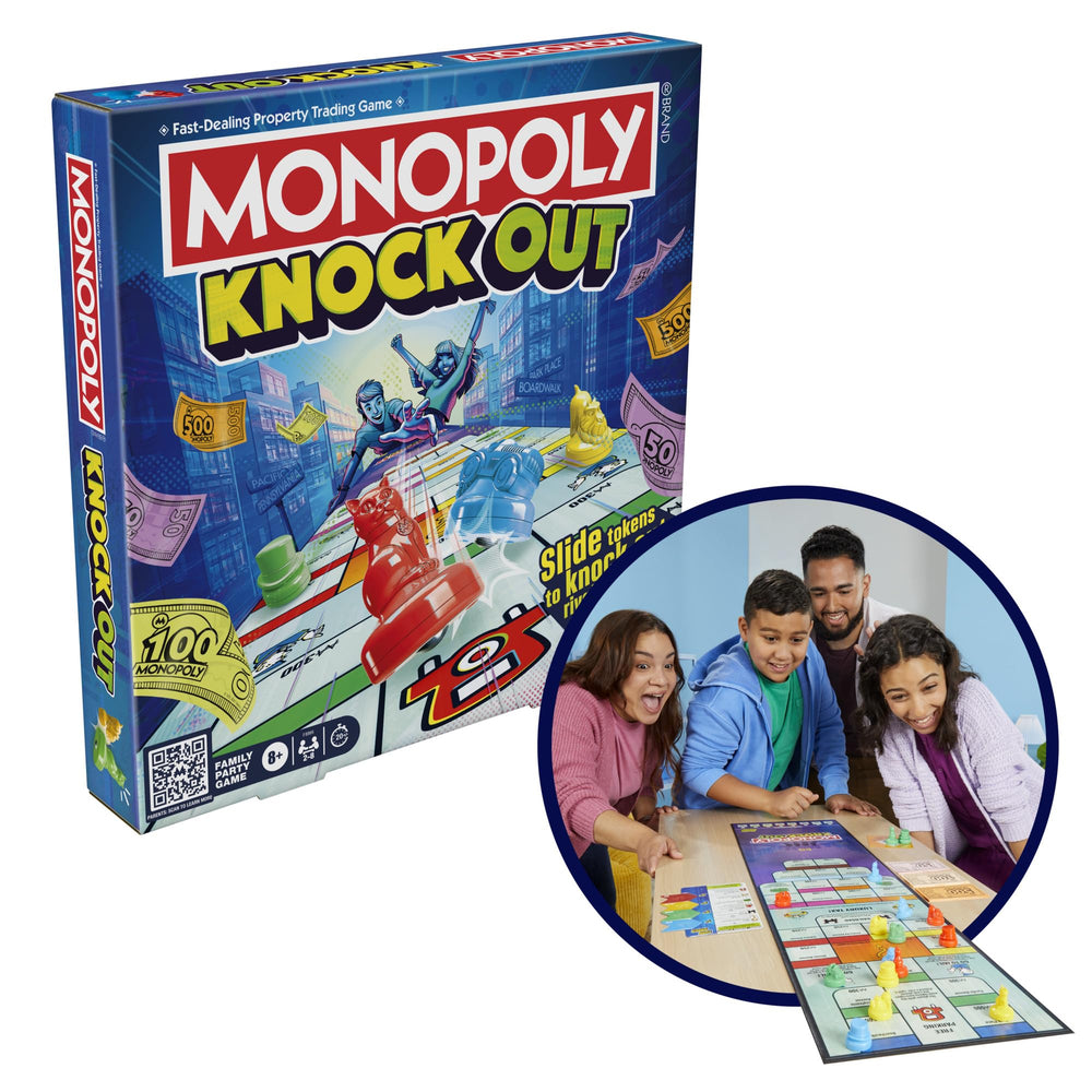 Monopoly Knockout long gameboard shown for family fun
