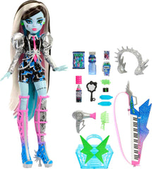Monster High Frankie Stein with headphones, stage play ready for imaginative concerts.