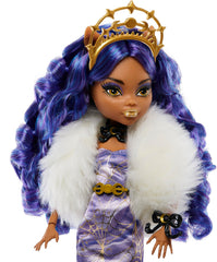 Monster High Clawdeen Wolf with faux fur boa, adding cozy winter texture.