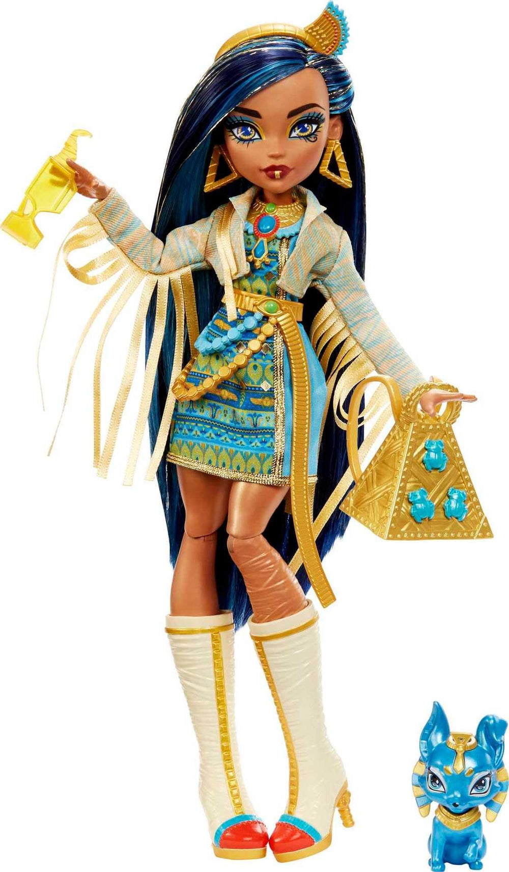 Monster High Cleo De Nile in blue dress with backpack, perfect for imaginative play and storytelling.